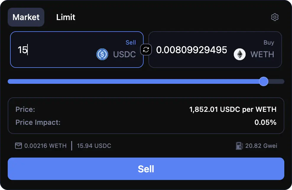 Market order form showing someone selling USDC for WETH