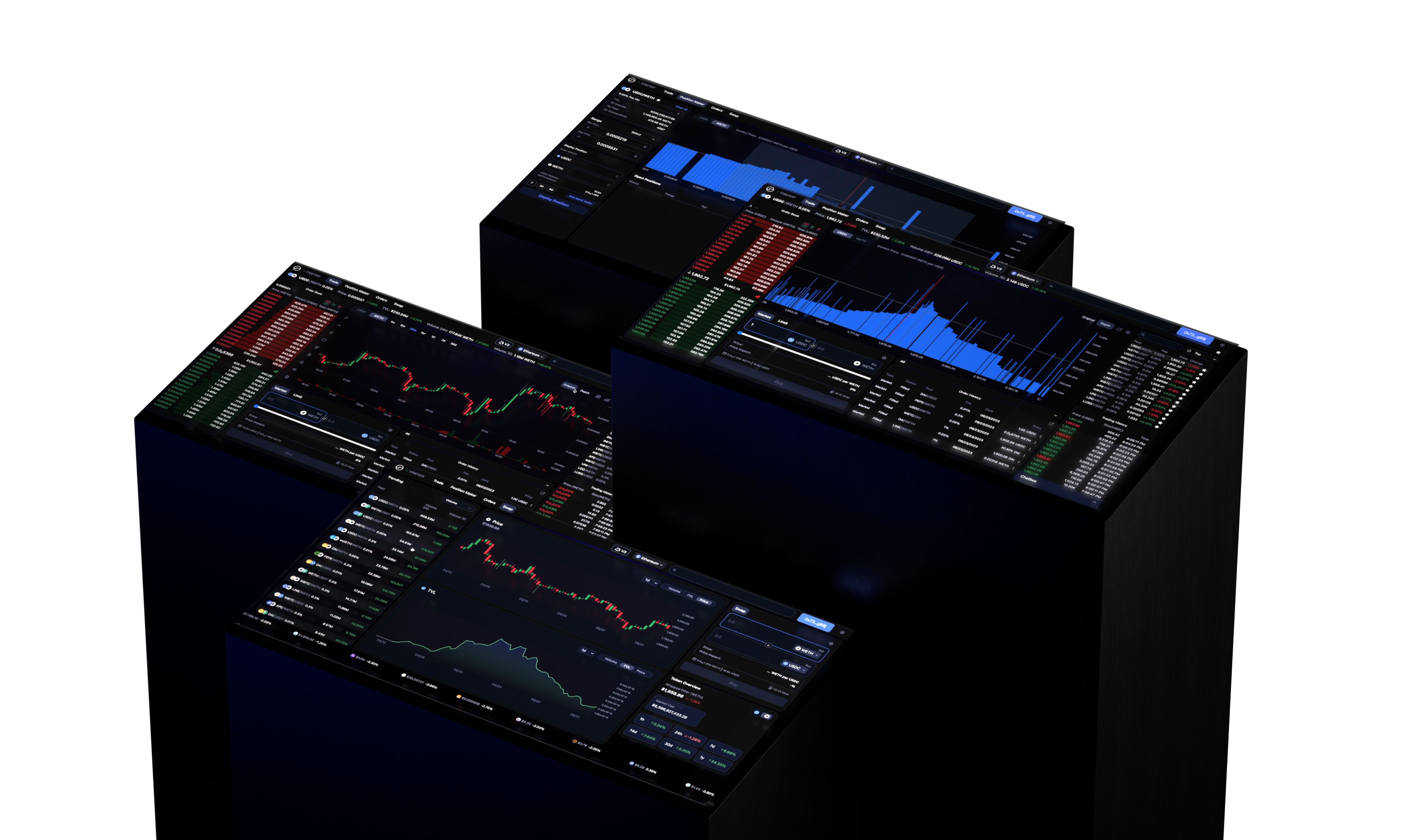 Four screenshots of the Oku interface showing the liquidity chart, swap page, trade page, and position management features
